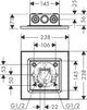 Technische Zeichnung einer quadratischen Kopfbrause mit sichtbaren Anschlüssen, ausgelegt zur Deckenmontage, präsentiert unter der Marke AXOR.